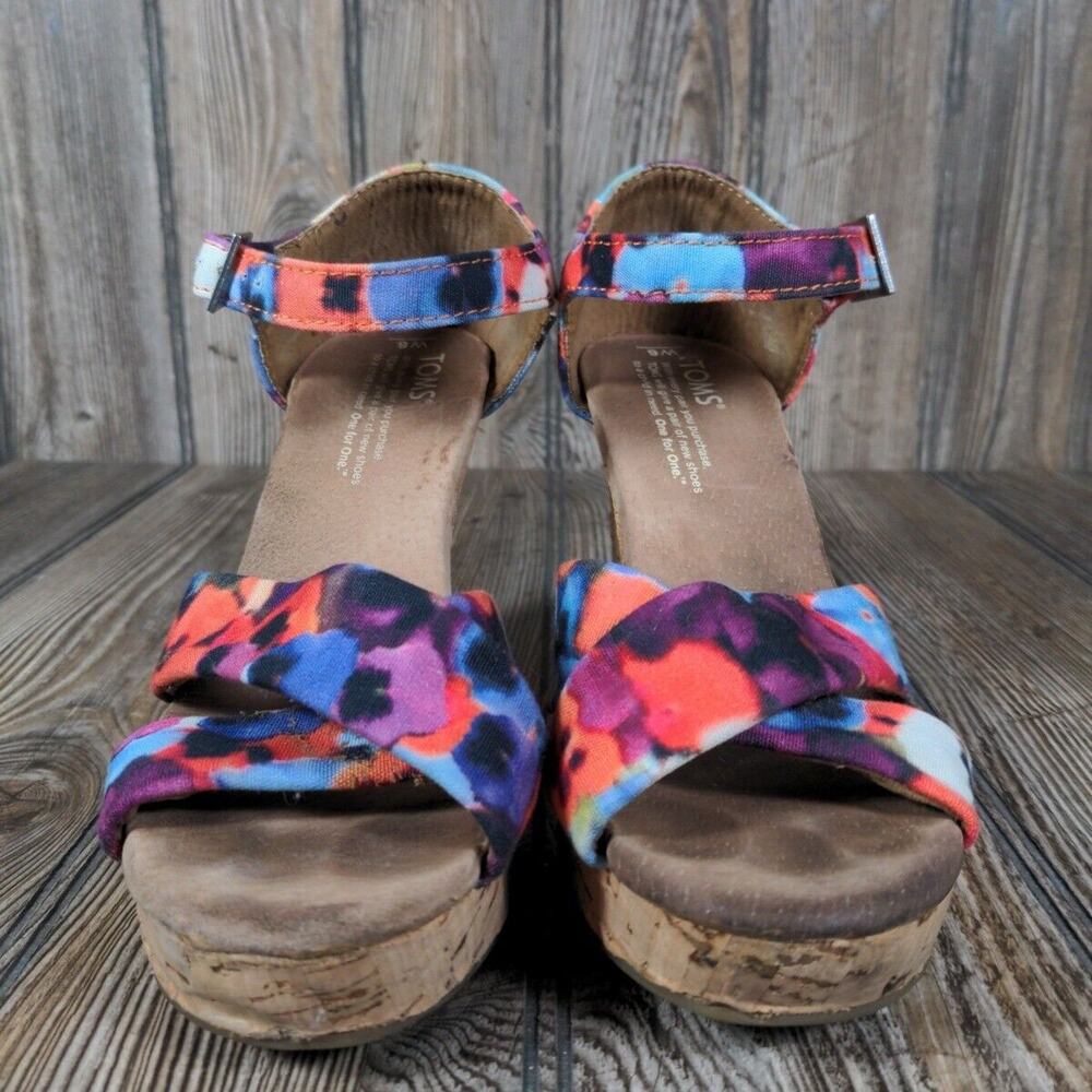 Toms Wedge Sandals Floral Hawaiian Platform Ankle Strap Peep Toe Shoes Size‎ 6